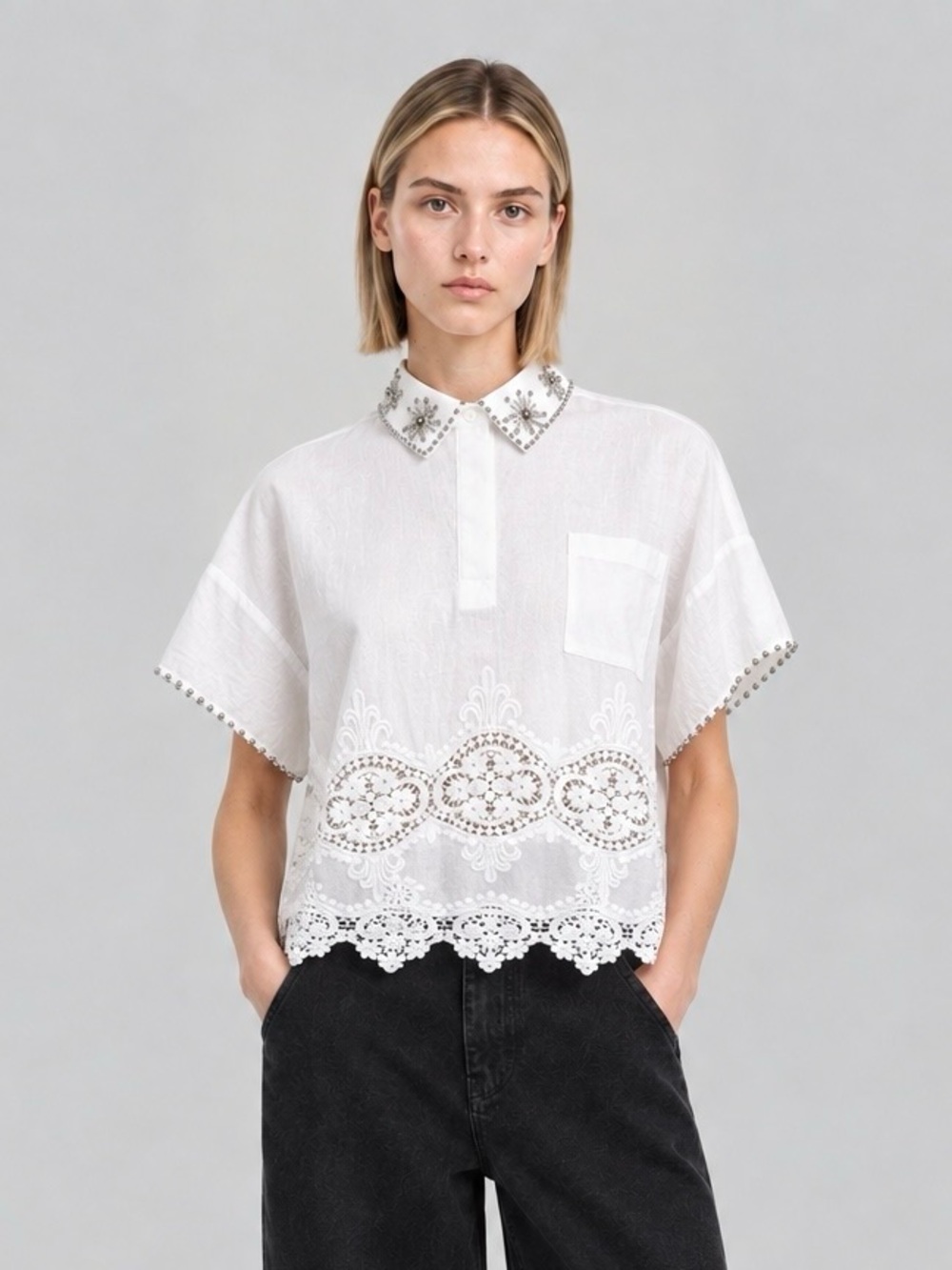 The Kooples White Crochet Lace Embellished Collar Crop Polo Top Sz  Small Preppy